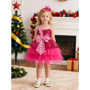 New Sequin Mesh Patchwork Christmas Party Dress with Striped Bow for Girls' Birthday Celebration Princess Gown