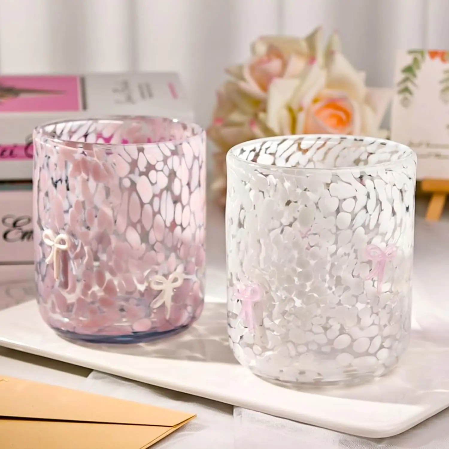 Coquettish Blush Pink Gradient Spot Texture Handblown Stemless Wide Mouth Tumblers - 2-Pack 14 oz Sturdy Bow-Icon Milk Tea Drinkware, Smooth Double Old Fashioned Kitchenware for Hot/Cold Drinks, Birthday Gift, Coquettish Glass Cup