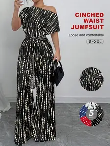 Women's Breathable Loose Short-Sleeve Jumpsuit - Aesthetic Elegant Adjustable Belt-Waist Wide-Leg Romper, Tropical Everyday Casual Summer Party Outfit with 5 Prints