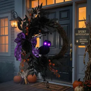 Garvee Halloween Door Wreath with Lights 20 in Pre-Lit Jack-o-Lantern Pumpkin Wreath for Front Door with Timer 20 LED Lights Black Leaves Light Up Halloween Decorations for Indoor Outdoor Porch