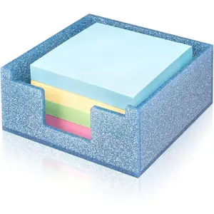Sparkling Sticky Note Holder Glitter Acrylic Organizer 3.94 x 3.94 in Multi-Use Tray for Office School & Home Desk (Blue)