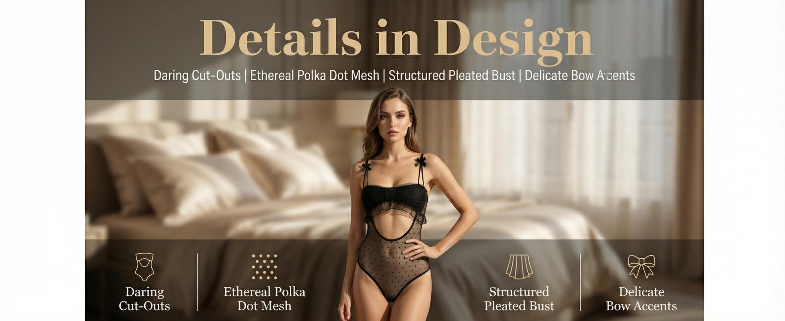 SILIX Chic Black Polka Dot Mesh Teddy Lingerie | Coquette Aesthetic Cut-out Bodysuit with Ruffle Trim & Bow Straps | French Style Sexy One-Piece Exotic Nightwear