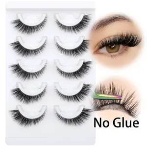Self-Adhesive False Eyelashes No Glue Needed, Reusable Natural Fluffy Voluminous Lashes Easy to Wear, Beginner Friendly, 5 Pairs Pack