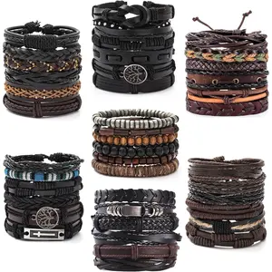 42Pcs Braided PU Bracelets for Men Women Wrap Wood Beads Cuff Bracelet Hemp Cords Ethnic Tribal Handmade Wrap Wristband Bracelets Set Adjustable