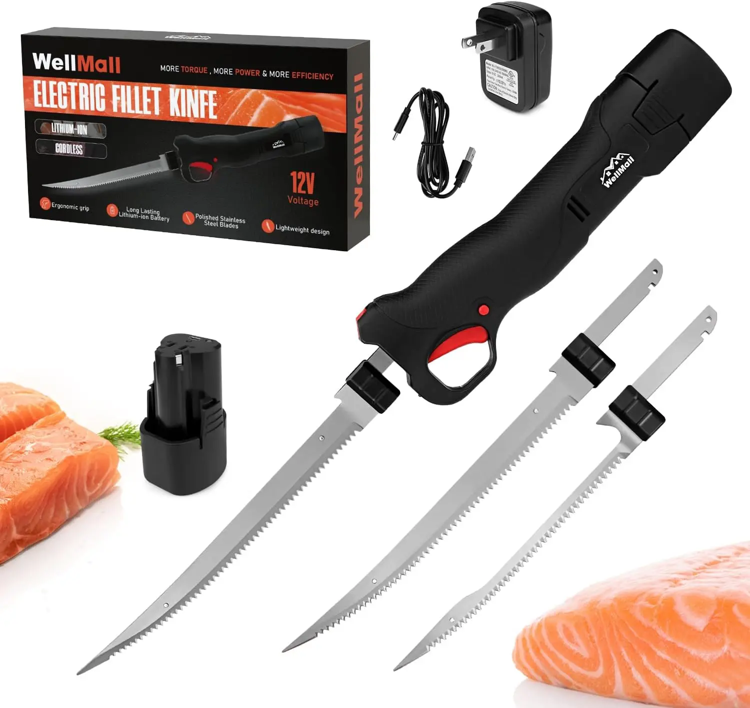 12V Cordless Electric Fillet Knife for Fish with 7-Inch Flex & 9-Inch Stiff Blades, Safety Button, Non-Slip Grip, 1 Rechargeable Battery & Storage Case