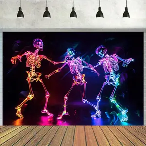 1pc 2D Flat Neon Dancing Skull Party Backdrop Banner - UV Activated Colorful Skeletons with Glowing Eyes & Mouths Dynamic Dance Pose for Halloween Photo Booth Decor - Indoor/Outdoor Wall Decoratio