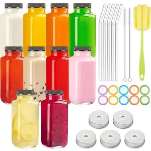 10 Pack Glass Juice Bottles with Lids, Smoothie Cups with Lids and Straws Reusable Glass Water Bottles Drinking Jars Containers for Kombucha, Milk