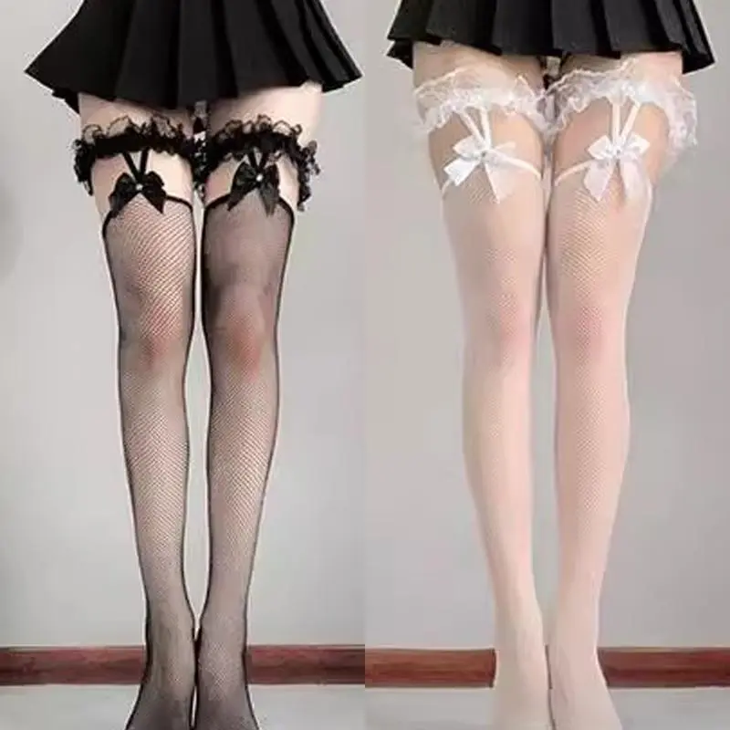 2pairs Sexy Mesh Lolita Socks Thigh High Stockings JK Lolita Girl Long Socks Japanese Lace Fishnet Suspender Knee High Stocking