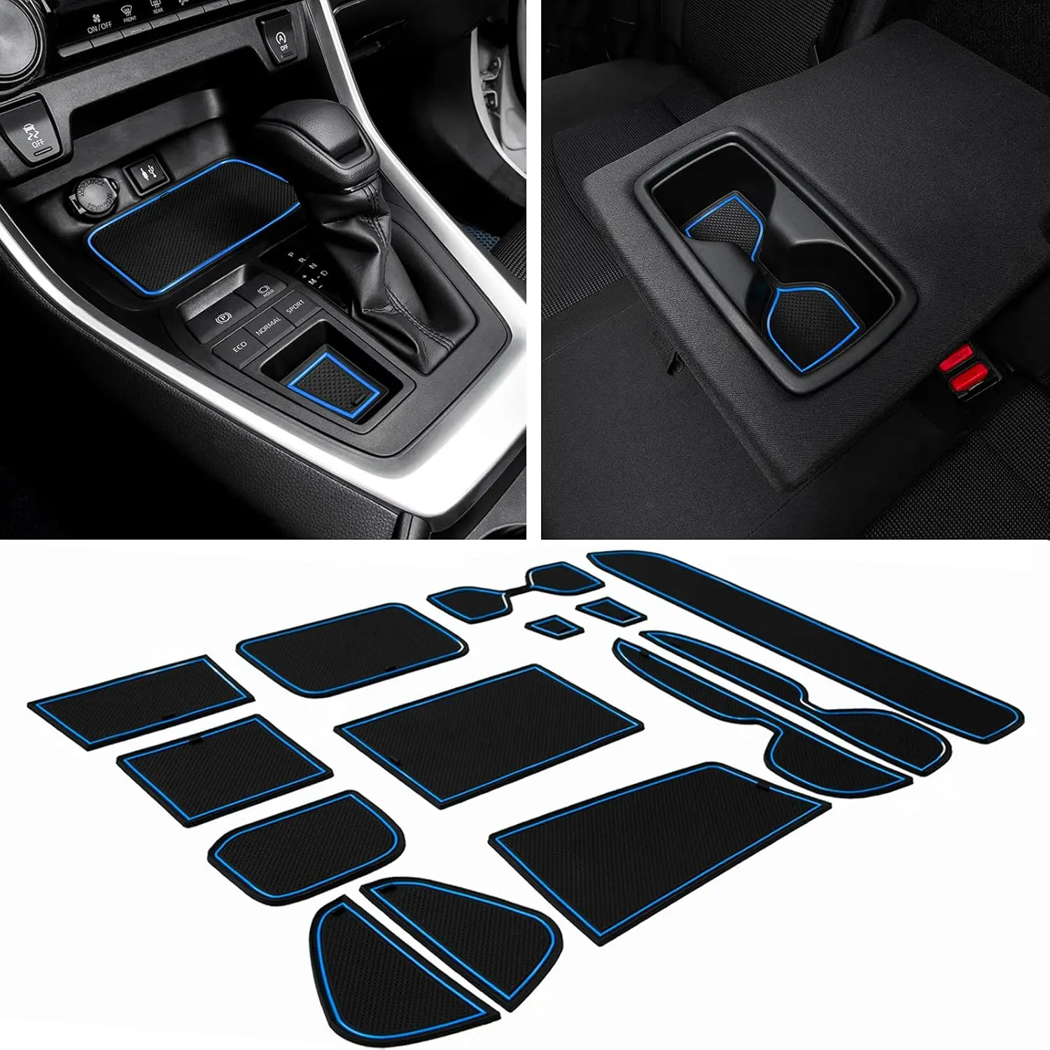 15-Piece Rubber Car Interior Liner Accessories Kit, 3D Texture Custom Fit for Toyota RAV4 2019-2025 & RAV4 Prime 2021-2025, Quick Install Easy to Remove Center Console/Cup Holder/Door Pockets Inserts (Blue Trim) - Crumbs & Elements Catcher, 15 Pcs/Set