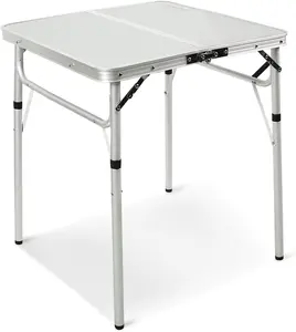 Small Square Folding Table 2 Foot Adjustable Height, Portable Aluminum Camping Table Lightweight for Picnic Beach Outdoor Indoor, White 24 x 24 inch