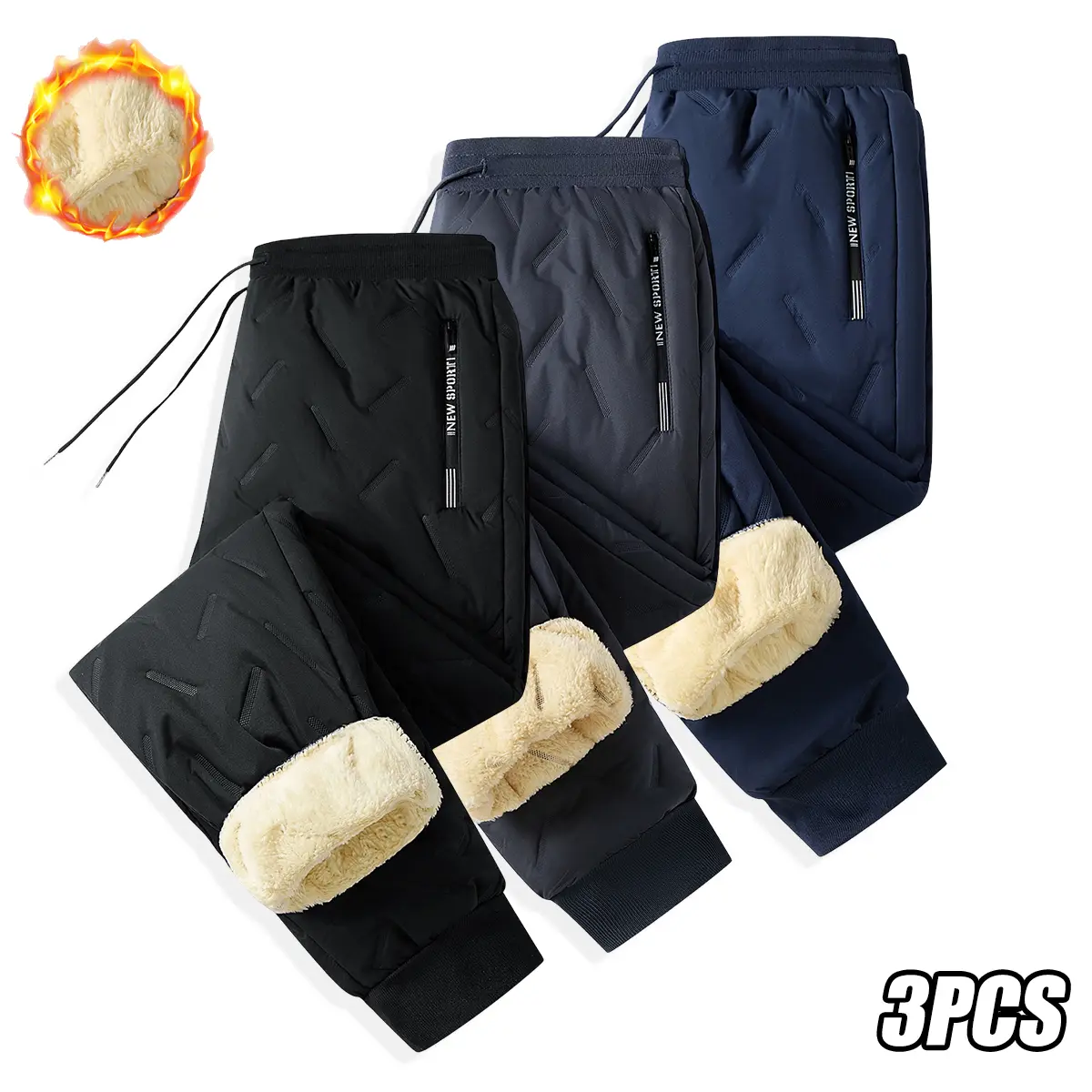 Men's 3-Pack Polyester Fleece-Lined Pants - Plain, Casual, Athletic, Warm Winter Trousers with Drawstring, Windproof, Water-Resistant for Outdoor Cycling