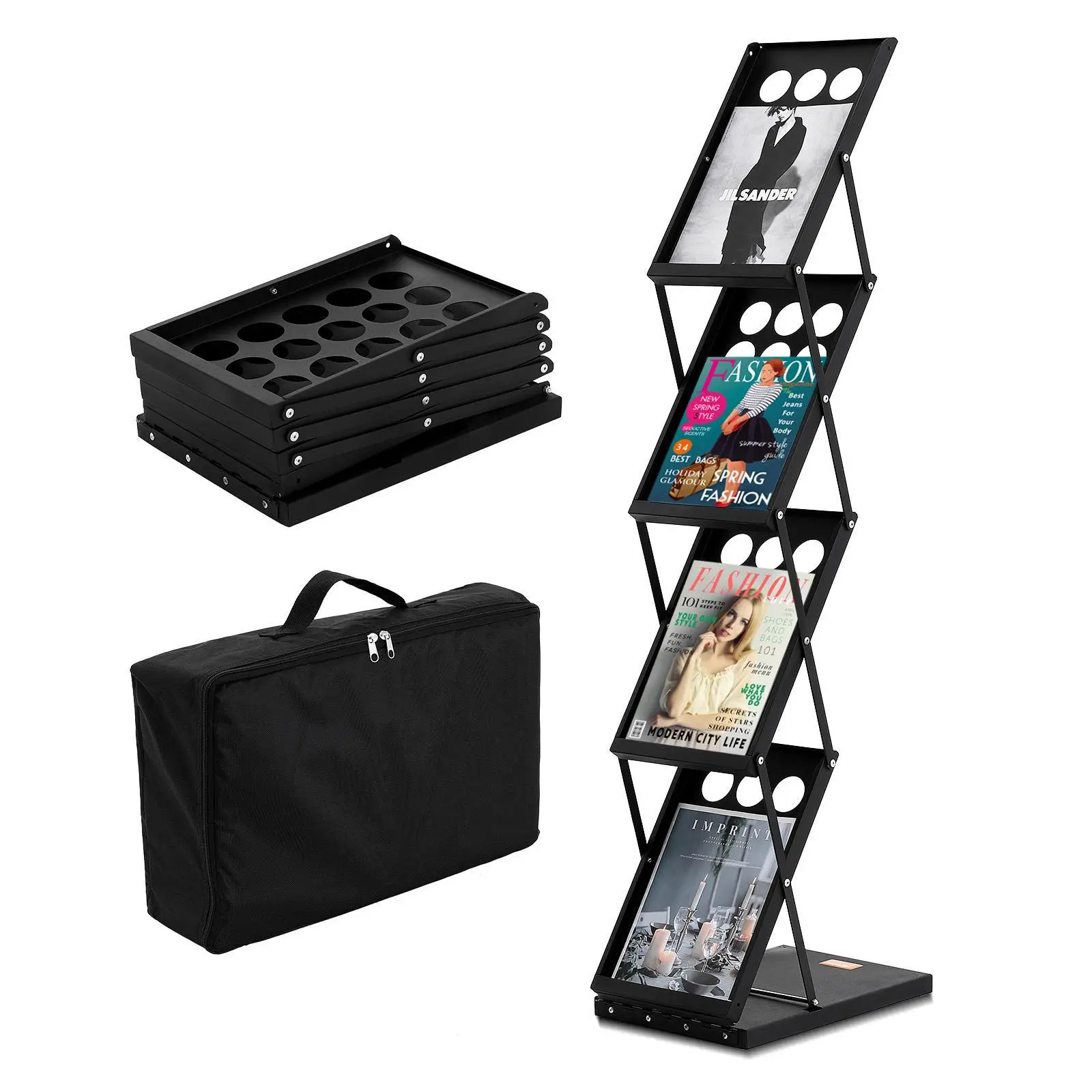 【summerfinds】VEVOR Metal Foldable Magazine Display Rack, 4-Tier 4-Pocket Office Desk Accessories Book & Files Organizer with Carrying Bag, Portable Trays File Racks for Office, Trade Show Exhibitions (Father's Day Gift)