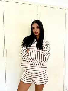 Women's Casual Fashion Two-Piece Set Striped Top Shorts, Loose Fit Long Sleeve T-Shirt Short Pants, Commuter Vacation Home Wear