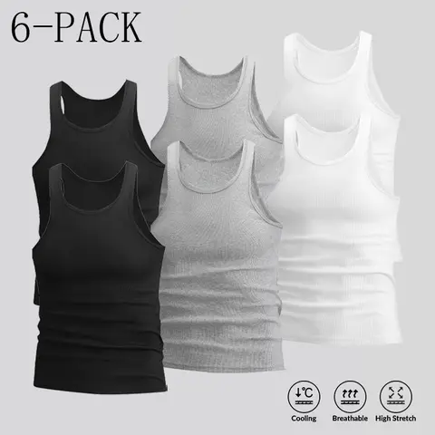 Men' s solid color slim fit tank tops available in packs of1 6 pieces, made from a polyester-elastane blend that islightweight, breathable, and comfortable-ideal forfitness training and everyday wear.