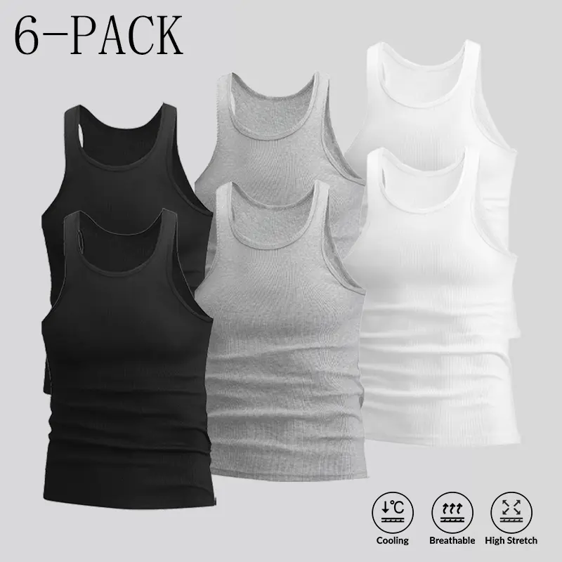 Men' s solid color slim fit tank tops available in packs of1 6 pieces, made from a polyester-elastane blend that islightweight, breathable, and comfortable-ideal forfitness training and everyday wear.