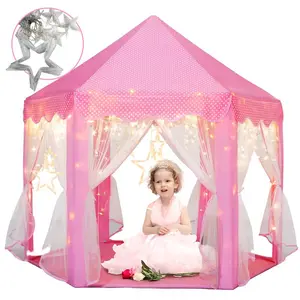 Princess Castle Play Tent for Girls with Fairy Star Lights Large Hexagon Playhouse Toys Tent for Kids Children Indoor and Outdoor Game