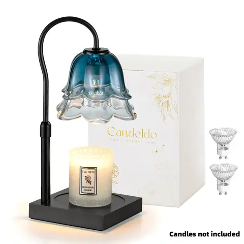 CANDELDO Navy Blue Flower-Shape Glass Candle Warmer Lamp with Timer, 2 Bulbs, Adjustable Height, Dimmable Glass Metal Wood Home Decor, Bedroom Decor, Mood Lighting, Women's Birthday Gift