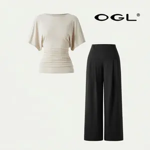 OGL Boatneck Batwing Side Ruched Top & Mid Rise Wide Leg Trouser with Pockets Summervibes
