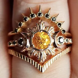 Women’s Vintage Sun & Moon 3-Piece Ring Set, Boho Ethnic Style, Ins Fashion Jewelry Perfect for Daily Wear, Parties & Vacations