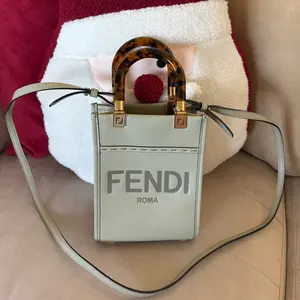 Pre-owned FENDI Leather Mini Bags Gray Mini Sunshine Shooper Tote Bag with Tortoiseshell Handle and Strap