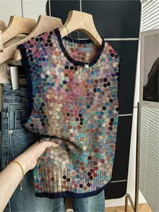 1 Piece Spring Summer Back to School Casual Loose Crew Neck Sleeveless Knitted Top, Dark Blue Trim Color Block Sequin Print, Women's Knitwear, Wear Alone or With Lightweight Vest, Fitted, Crop Tops