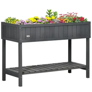 Outsunny Raised Garden Beds – 43x18x30in Wooden Elevated Planter Box with Legs, 8 Pockets, and Shelf for Growing Herbs, Vegetables, Dark Gray