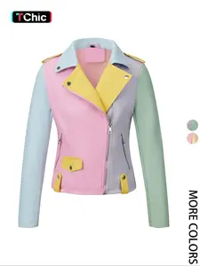 Women's Spring Four-Season Motorcycle Jacket, Fashionable Long Sleeve Lapel Zipper Waist Cinched Fitted Patchwork Short Coat with Pockets, Fall Winter Outerwear