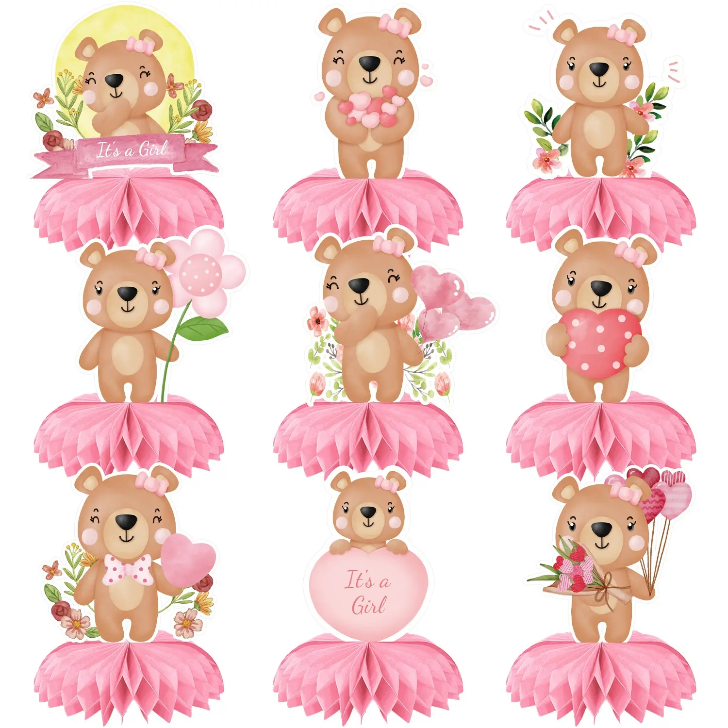 9Pcs Pink Bear Gender Reveal Themed 3D Honeycomb Centerpiece Decorations Table Decorations Double Sided Printed for Birthday Party Decorations Baby Shower Party Decor Favors Complete Set