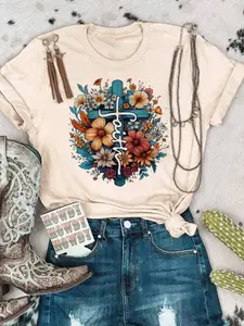 Women's Floral & Cross Print Round Neck Graphic Tee, Vintage Trendy Casual Short Sleeve T-shirt For Daily Wear, Ladies Summer Outfit