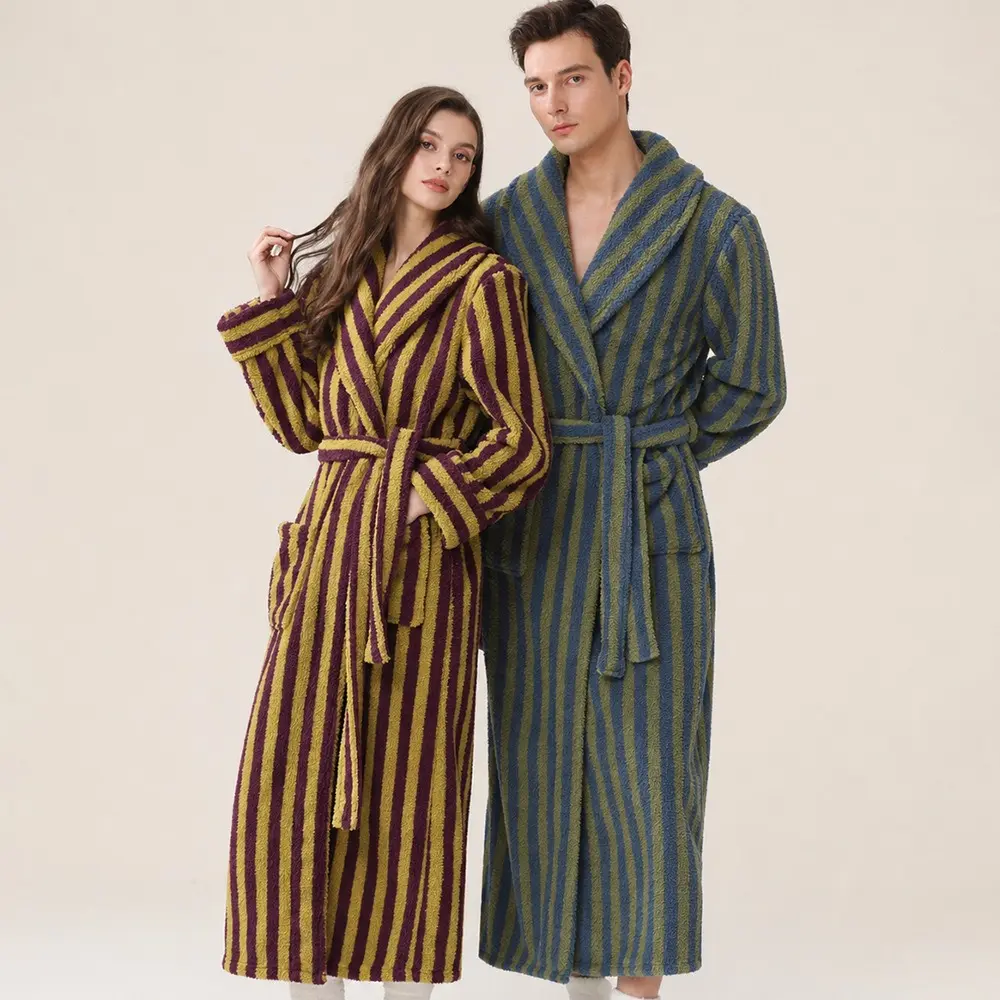Women Striped Fuzzy Bath Robe, Shawl Collar Long Plush Robe With Self-Tie Belt, Warm Fluffy Loungewear Robe With Pockets, Full Length Winter House Robe