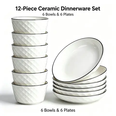 12-Piece Modern Round Ceramic Dining Set - 6 Dinner Plates, 6 Cereal Bowls, Heat-Resistant Striped Reusable Dishes, Dishwasher Safe, Adult Kitchen Tableware, Modern Kitchenware Set, Housewarming Gift for 11+ People