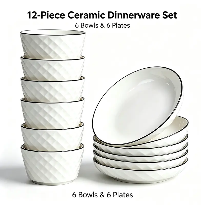 12-Piece Modern Round Ceramic Dining Set - 6 Dinner Plates, 6 Cereal Bowls, Heat-Resistant Striped Reusable Dishes, Dishwasher Safe, Adult Kitchen Tableware, Modern Kitchenware Set, Housewarming Gift for 11+ People