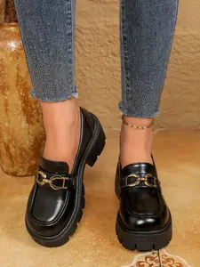 Women's New Silver//+ Chunky Heel Loafers, Metallic Buckle Decor, Comfortable Workwear Shoes for All Seasons