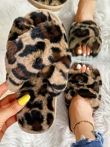 Women's Cross Plush Flat Slippers, Anti-Slip Soft Indoor Shoes, Fluffy Home Slippers, Leopard Print Fashion Design, Comfortable Warm for Indoors & Outdoors