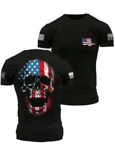 Men's American Flag Skull Patriotic Print T-Shirt, Soft Round Neck Short Sleeve, Casual Comfortable Streetwear, Perfect for Summer