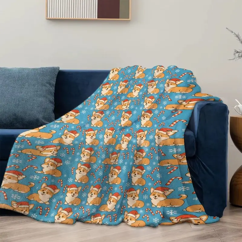 Ultra-Soft Flannel Christmas Corgi Print Blanket - Cute Design Bedding Throw for Adults, Girls, Bed & Couch, Ideal Holiday Gift