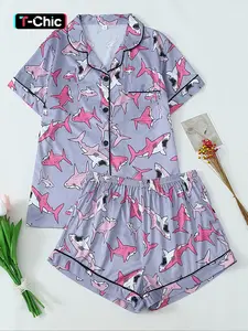 Women's Cute Bowknot Pajama Set, Loungewear, Comfortable Lapel Short Sleeve Shirt Top & Elastic Shorts, All Seasons Wearable