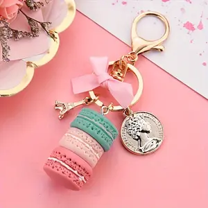 Fashion Macaron Cake Handmade Keychain with Bow - Alloy, Women's Bag Accessory