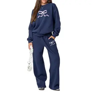 Women’s Pants Set, Bow Print Long Sleeve Crew Neck Hoodie and Sweatpants Set, Activewear Set, Valentine’s Day