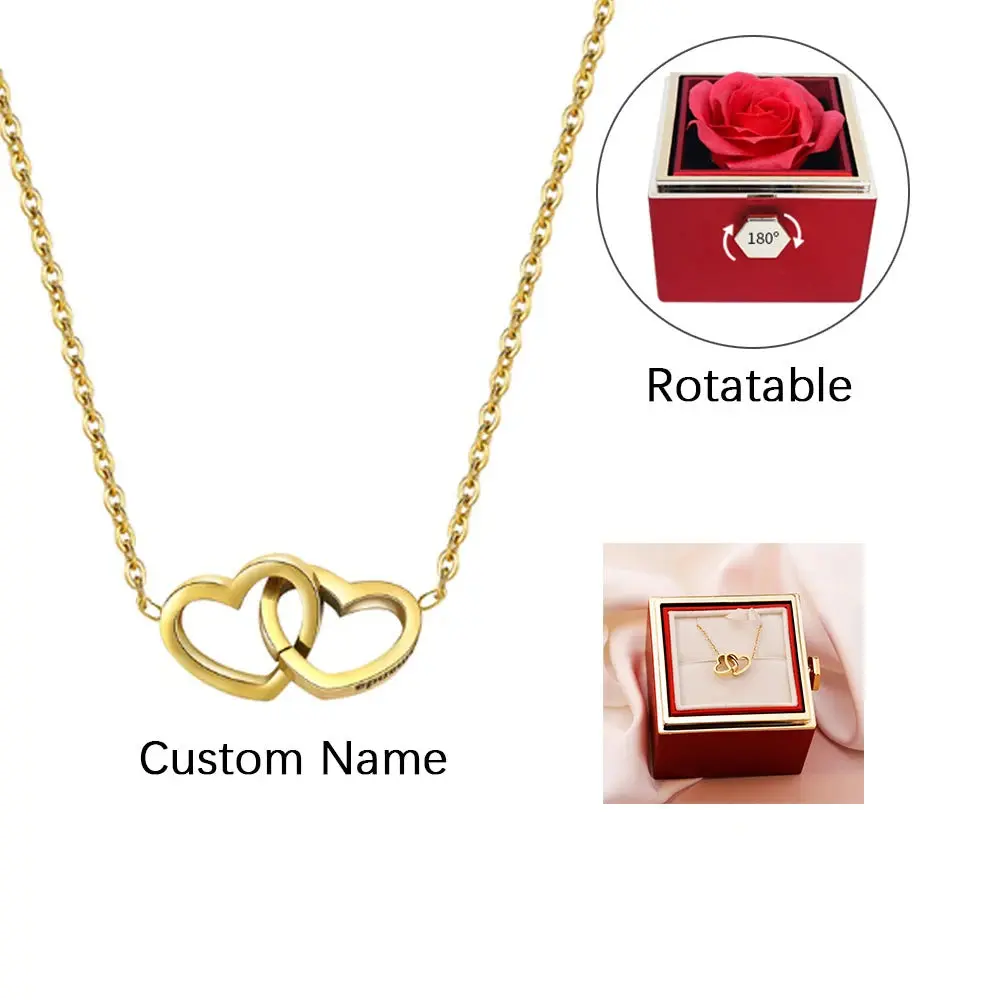 Custom Names Heart Pendant Necklace Rose Flower Gift Box Delicate Valentine's Day Gift Personalized Jewelry Gift