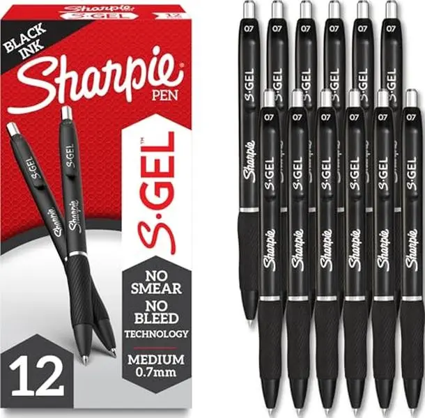 Sharpie S-Gel Gel Pens, Black Barrel, Medium Point (0.7mm), Black Gel Ink, 12 Count - Home, Office, School, Journaling, Writing, Note-Taking, Teacher Supplies