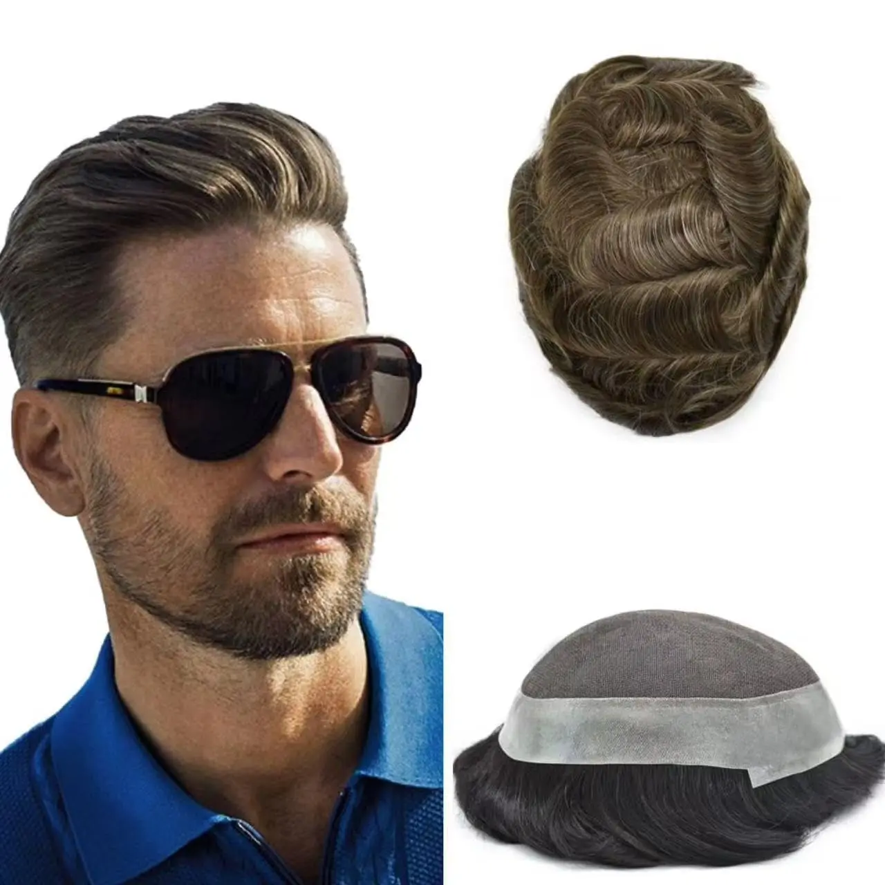 Mens Toupee Human Hair Piece Hair System for Men French Lace Poly Around Skin Hairpieces Hair Replacement Systems for Male Hair Prosthesis Protesis Capilar Para Hombre