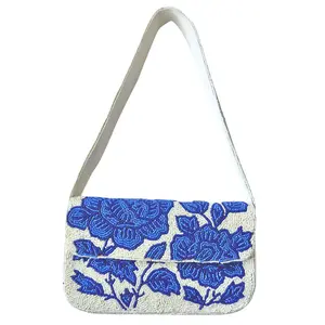 Blue Floral Beaded Shoulder Bag