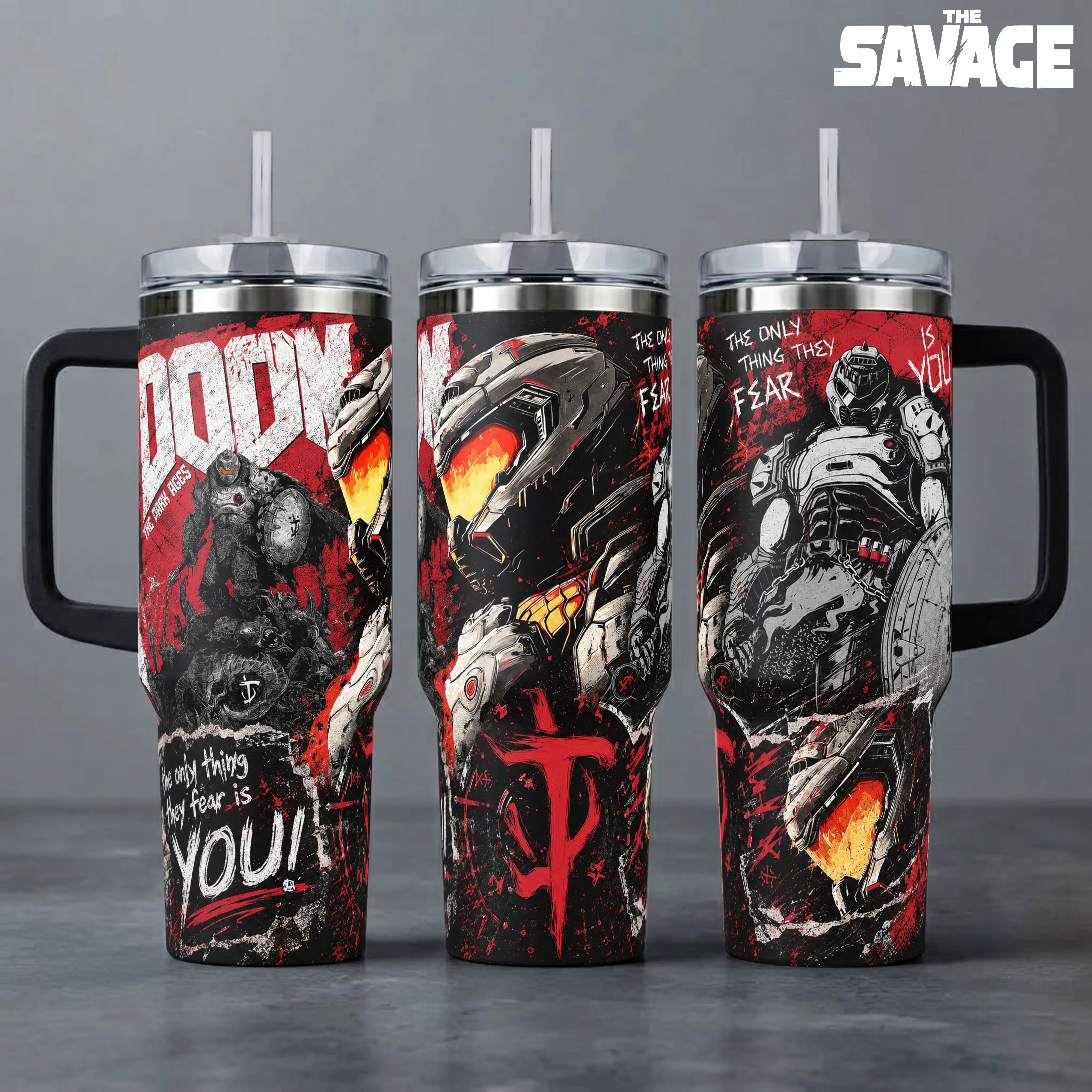 DOOM: The Dark Ages Insulated Stainless Steel Printed Tumbler Collection, 20oz-40oz Reusable Portable Travel Mug with Handle, Straw, Lid, Stylish FPS Video Game Art Coffee Cup, Gamer Merchandise, Perfect Gift for Game Lovers