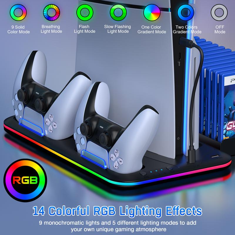 ESYWEN PS5 Cooling Stand Compatible with PS5 Disc & Digital  Upgrad Cooling Fan for PS5 Console with Dual Controller Charging Dock For PS5 Accessories