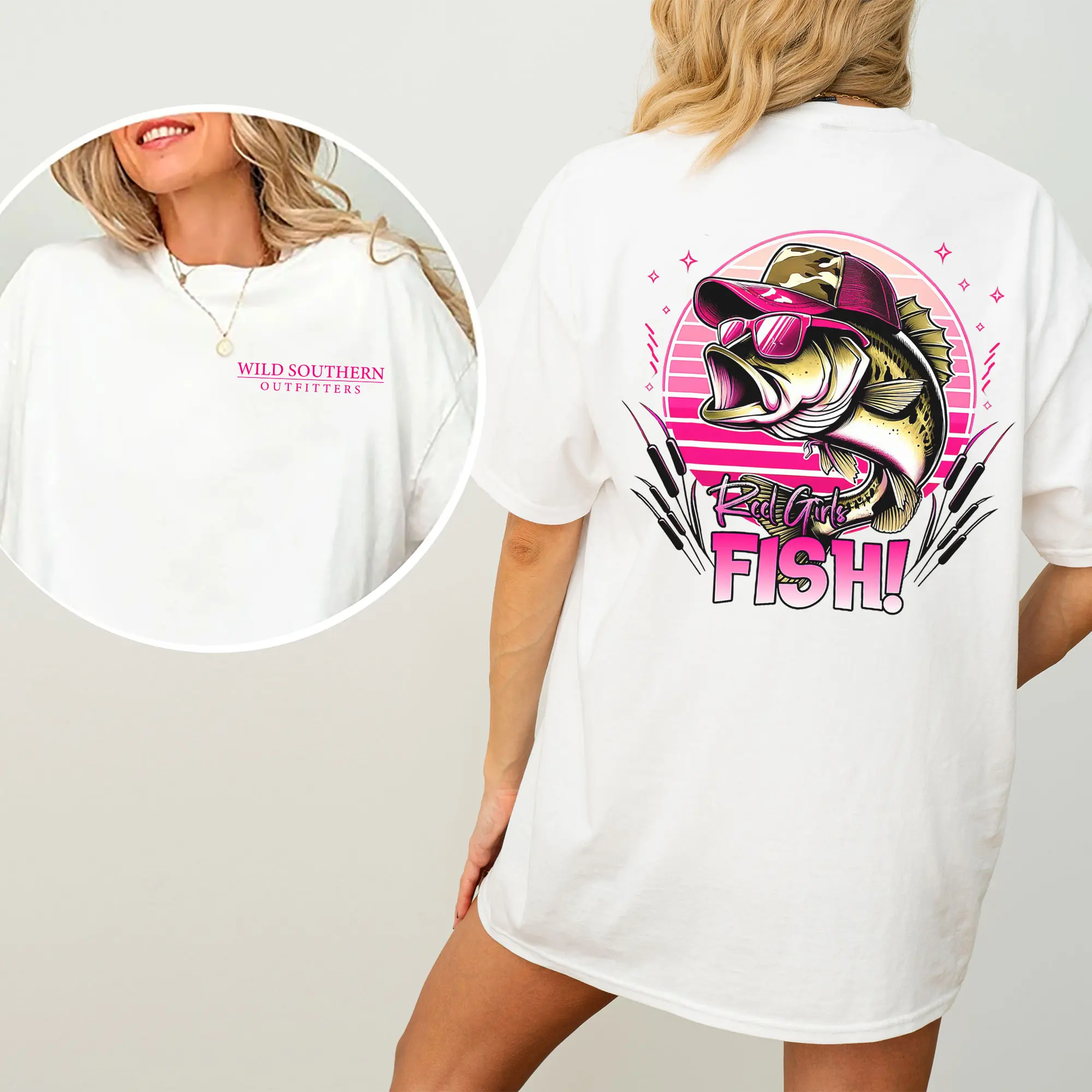 Fishing Shirt, Reel Girls Fish in Pink Shades T-Shirt, Simply Printed Graphic Shirt, Daily Casual Cotton Womenswear