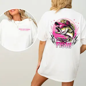 Fishing Shirt, Reel Girls Fish in Pink Shades T-Shirt, Simply Printed Graphic Shirt, Daily Casual Cotton Womenswear
