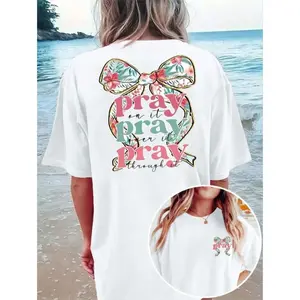 Pray On It Pray Over It Pray Through It Floral Bow Graphic Oversized T Shirt Women Casual Loose Fit Soft Cotton Short Sleeve Faith Summer Outfit