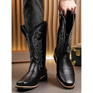 Men’s fashionable embroidered cowboy boots—casual, comfortable Western boots for daily wear; fashion shoes for parties; everyday clothing décor.