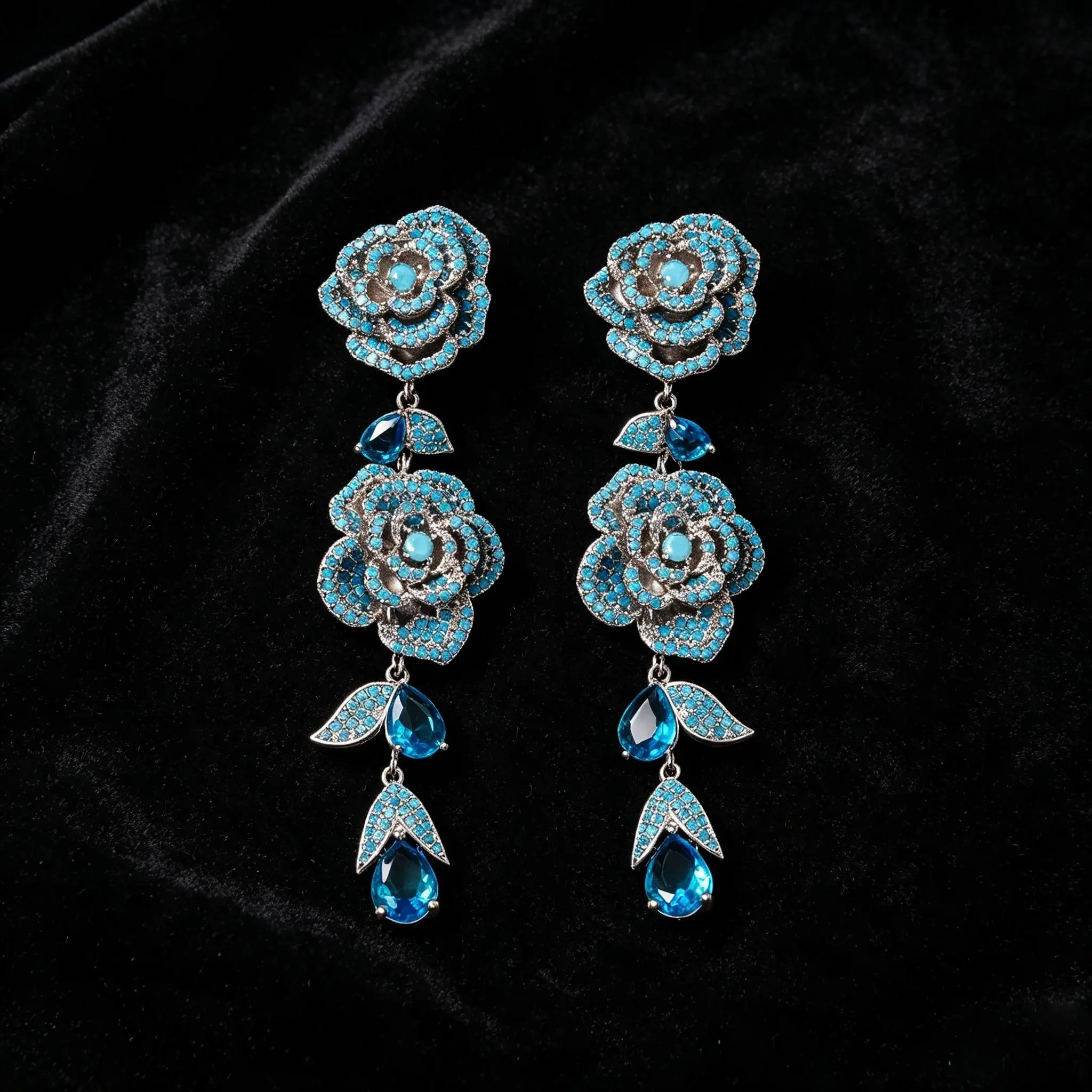 Elegant Blue Crystal Rose Earrings with Teardrop Accents for Women's Fashion Jewelry